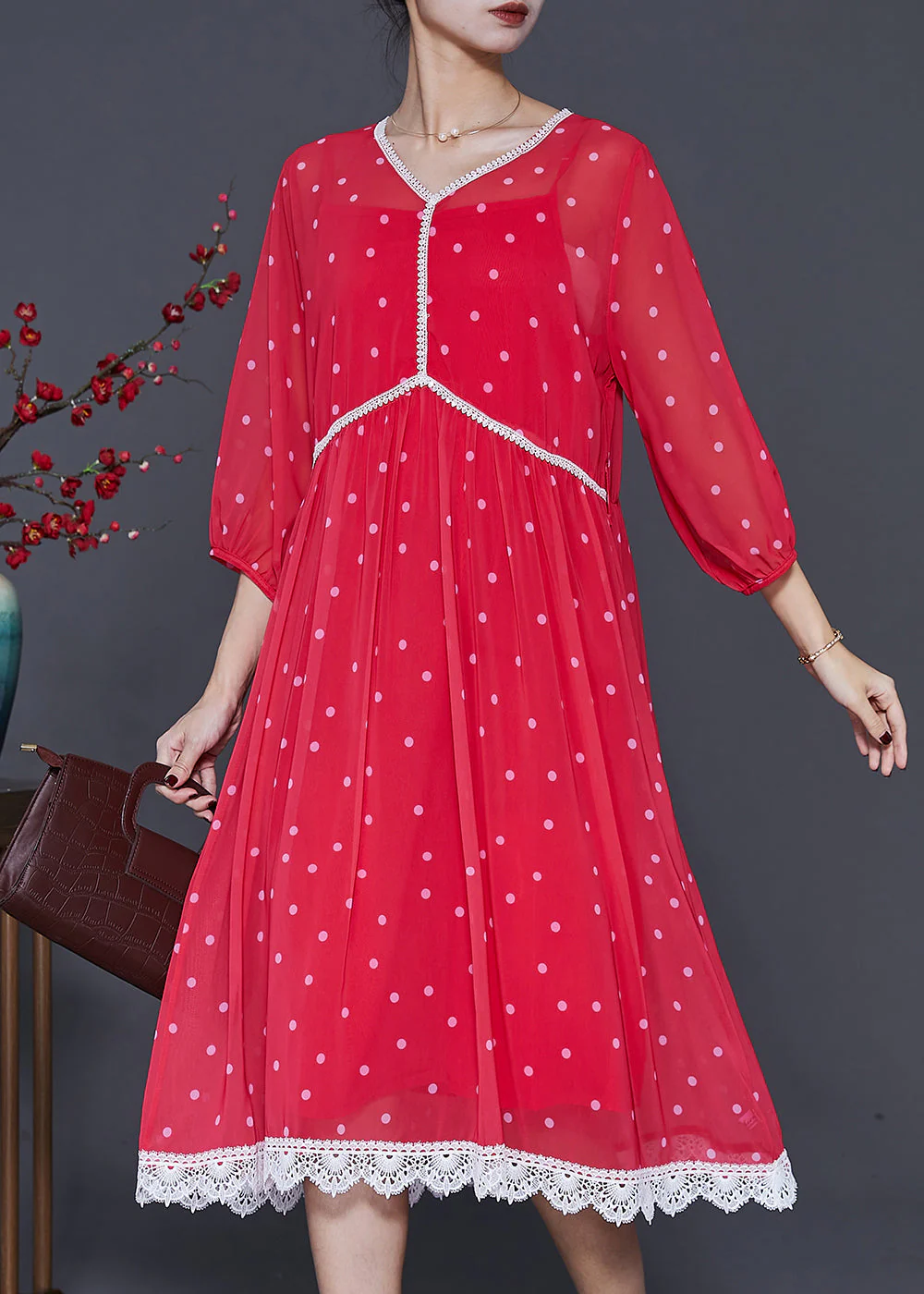 Boutique Red Oversized Patchwork Chiffon Beach Dress Bracelet Sleeve - Image 3
