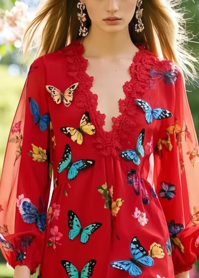 Boutique Red Patchwork Lace Work Dress Multicolour Butterfly Summer - Image 2