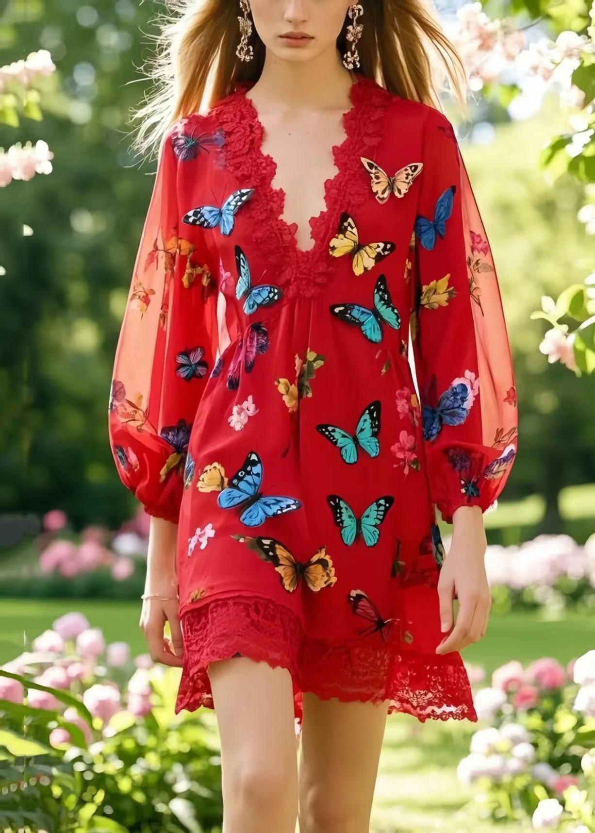 Boutique Red Patchwork Lace Work Dress Multicolour Butterfly Summer - Image 3