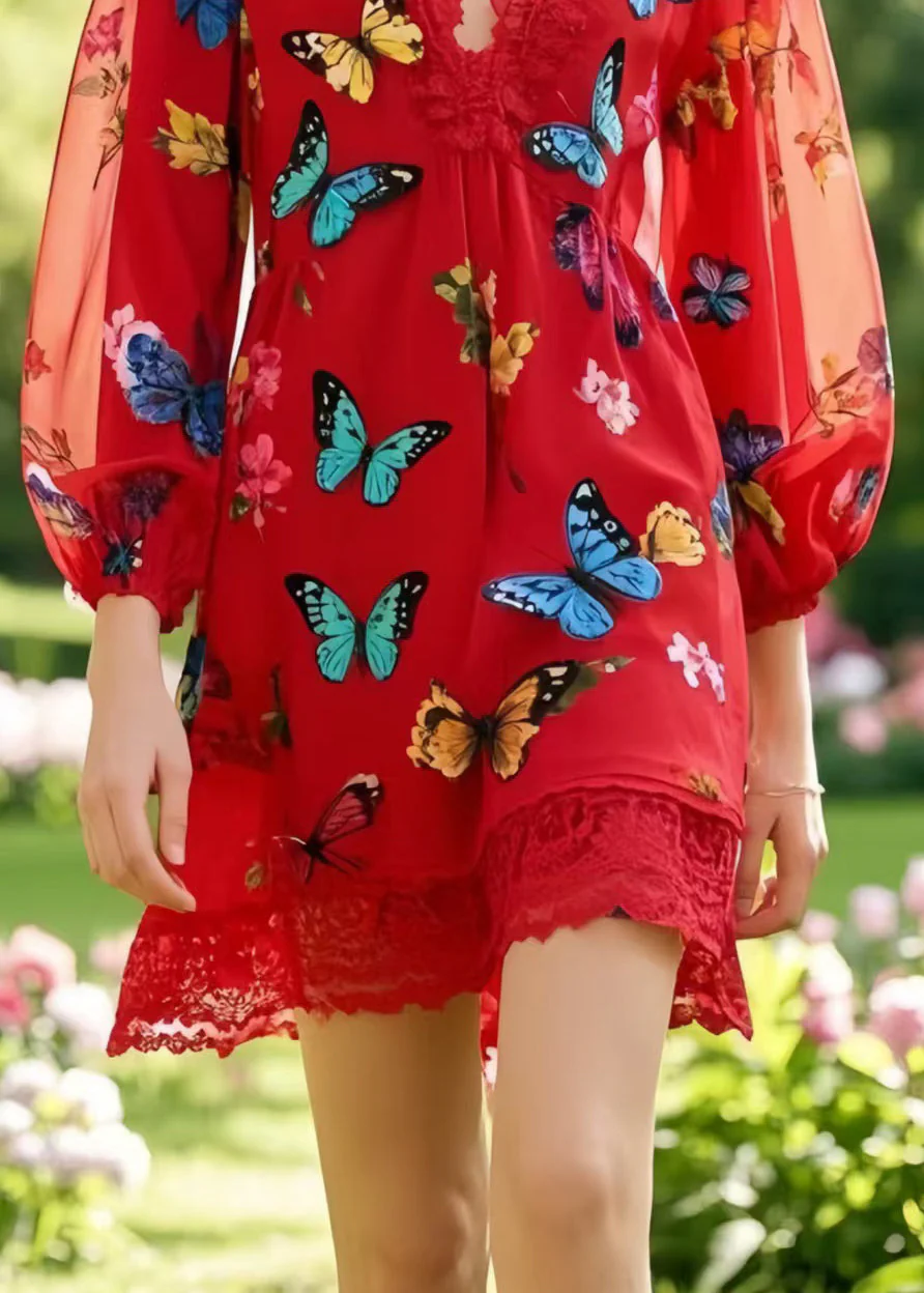 Boutique Red Patchwork Lace Work Dress Multicolour Butterfly Summer - Image 4