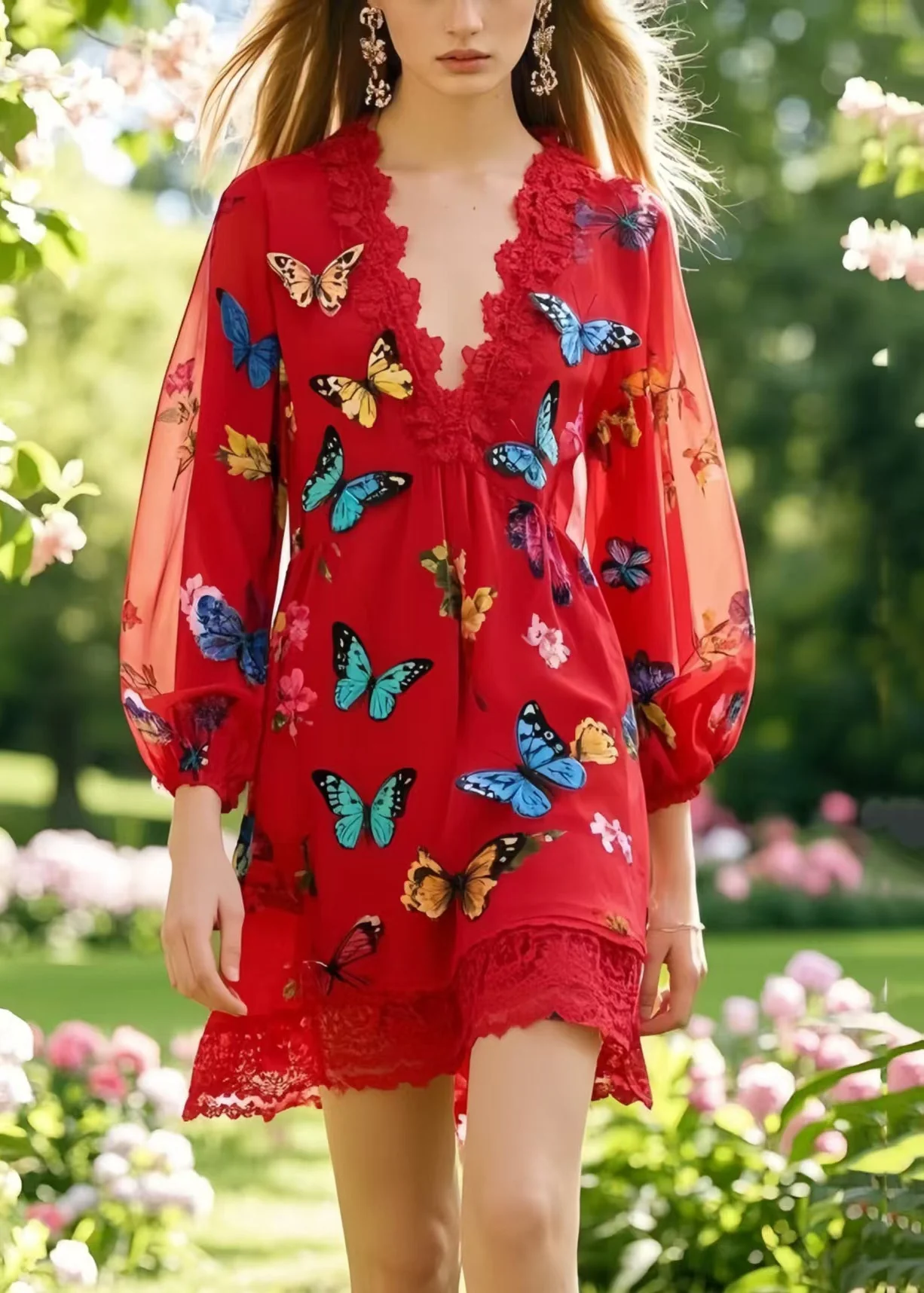 Boutique Red Patchwork Lace Work Dress Multicolour Butterfly Summer - Image 5