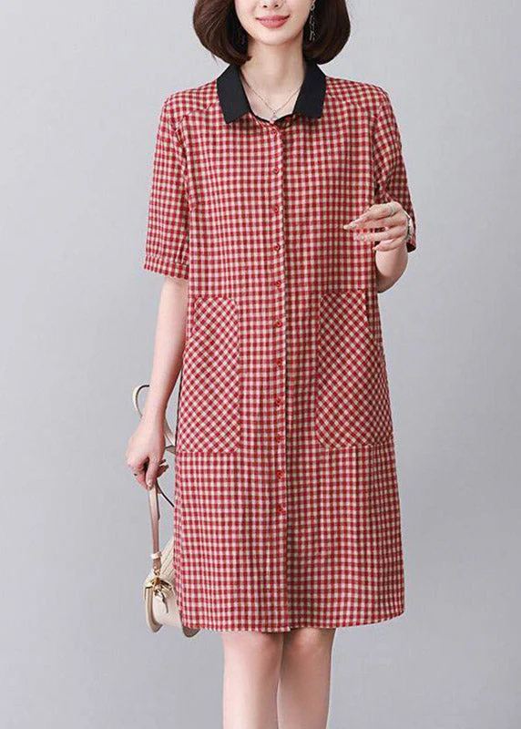 Boutique Red Peter Pan Collar Plaid Mid Dress Summer - Image 2