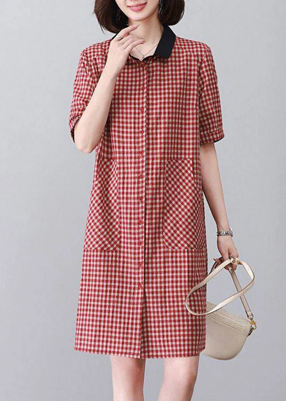 Boutique Red Peter Pan Collar Plaid Mid Dress Summer - Image 3