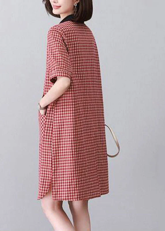 Boutique Red Peter Pan Collar Plaid Mid Dress Summer - Image 4