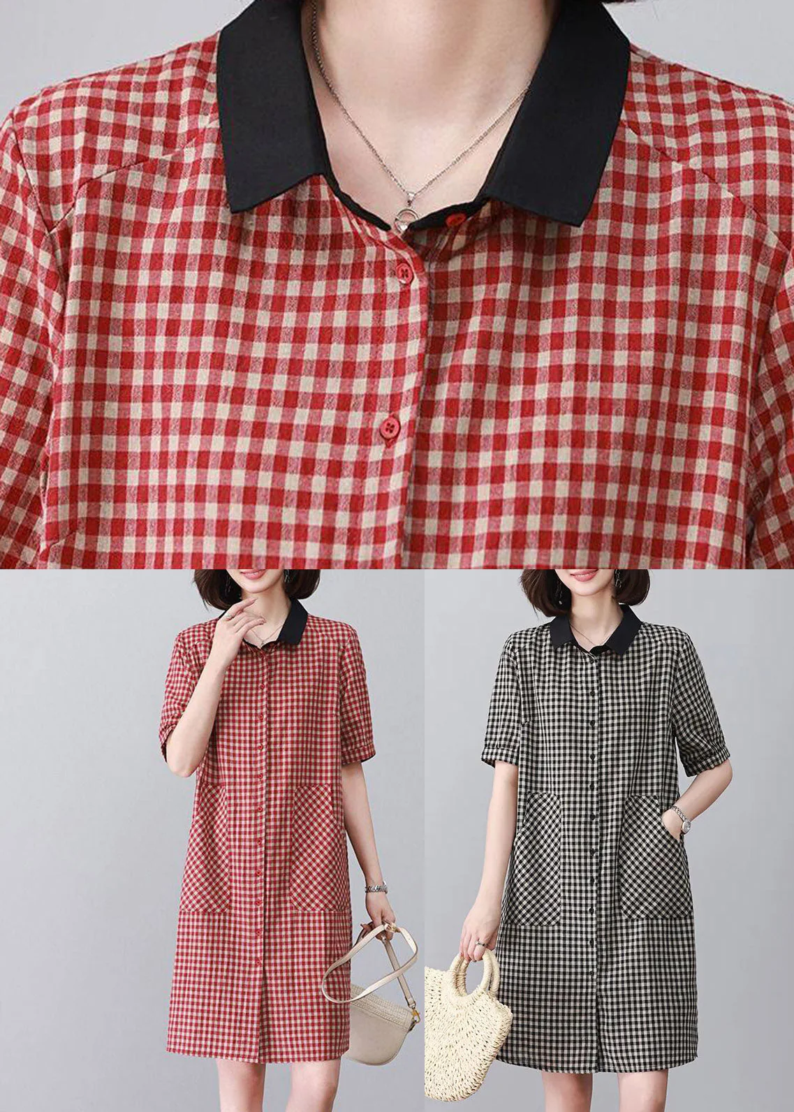 Boutique Red Peter Pan Collar Plaid Mid Dress Summer - Image 5
