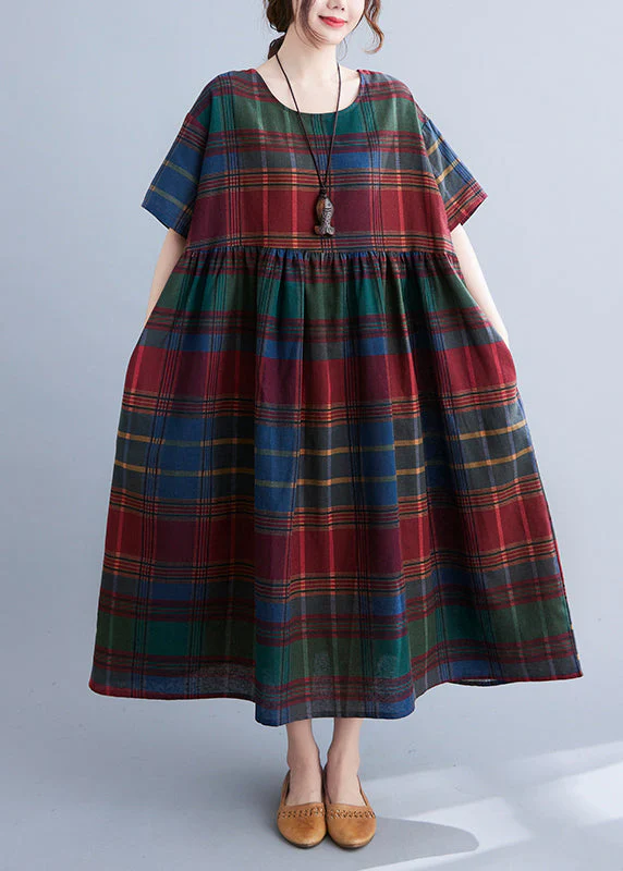 Boutique Red Plaid O-Neck Wrinkled Cotton Long Dress Short Sleeve - Image 2