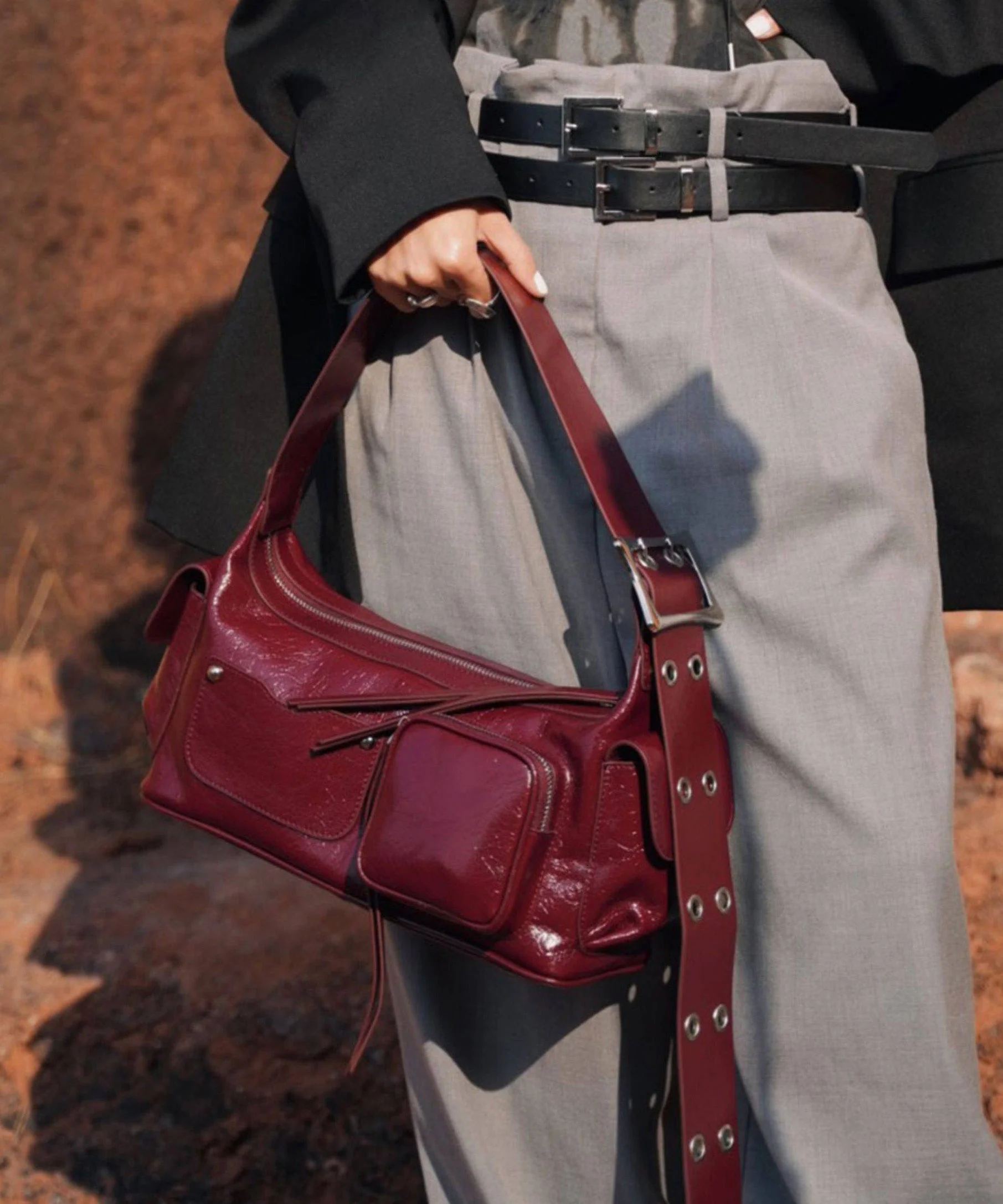 Boutique Red Pockets Durable Calf Leather Hobo Bag - Image 5