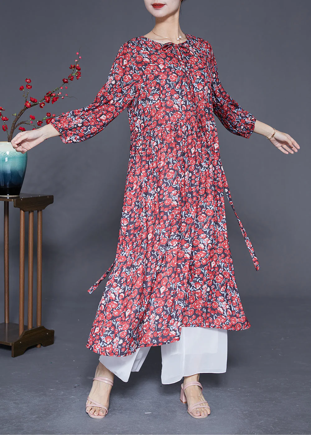Boutique Red Print Exra Large Hem Silk Long Dress Summer - Image 2