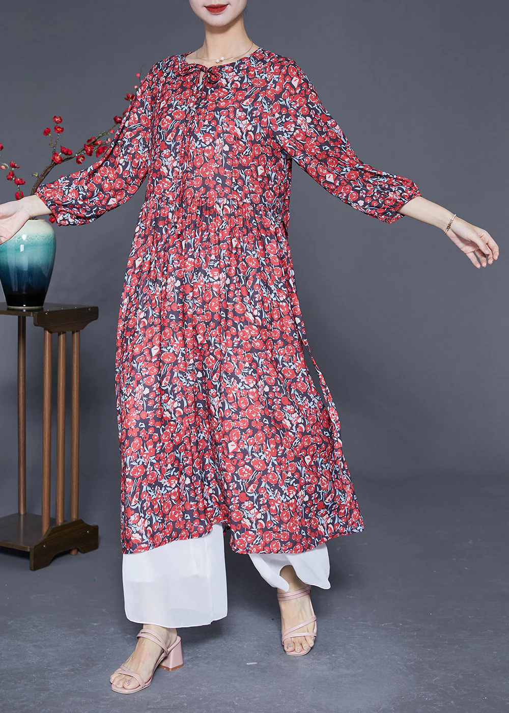 Boutique Red Print Exra Large Hem Silk Long Dress Summer - Image 3