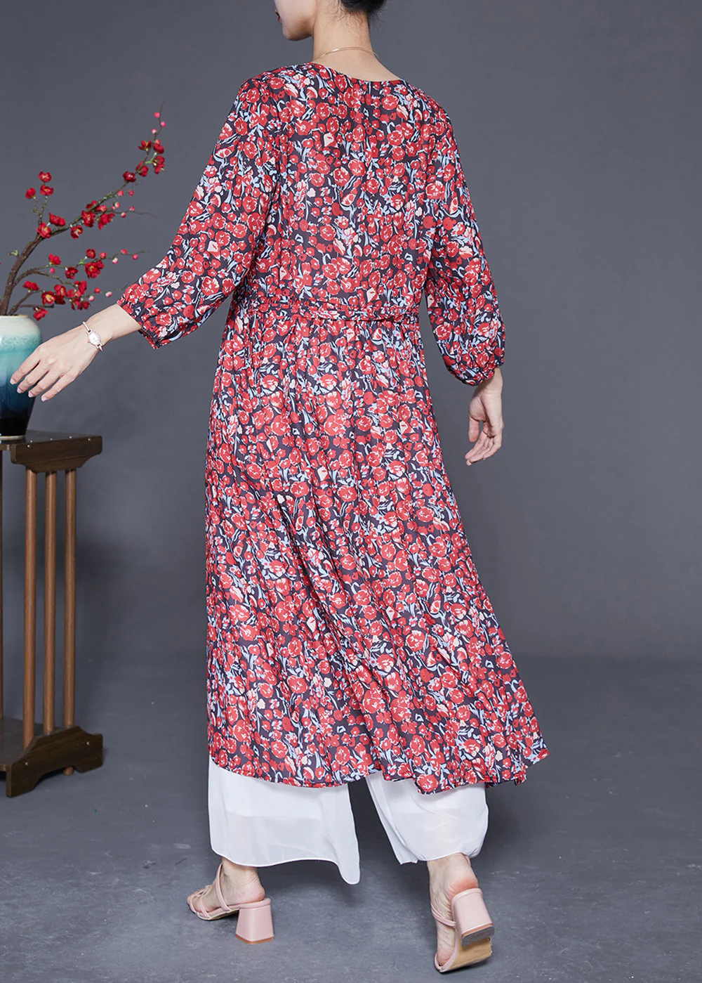 Boutique Red Print Exra Large Hem Silk Long Dress Summer - Image 4