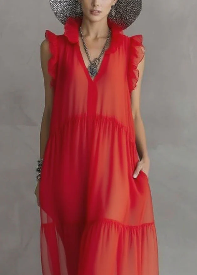 Boutique Red Ruffled Patchwork Chiffon Long Dress Sleeveless - Image 2