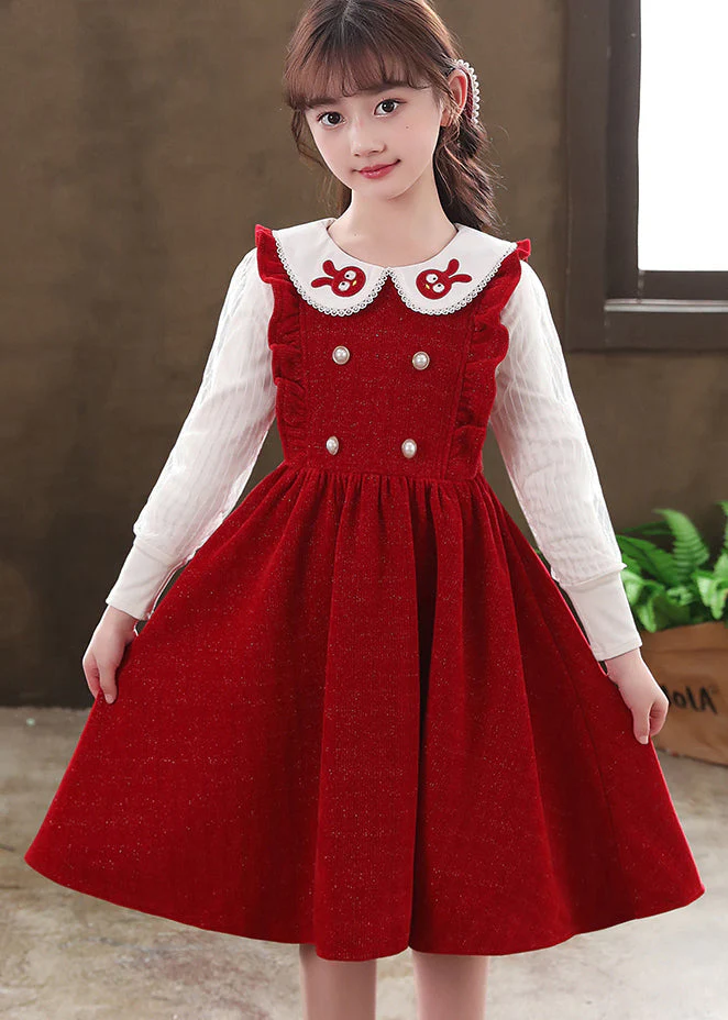 Boutique Red Ruffled Patchwork Warm Fleece Baby Girls Dresses Fall - Image 3