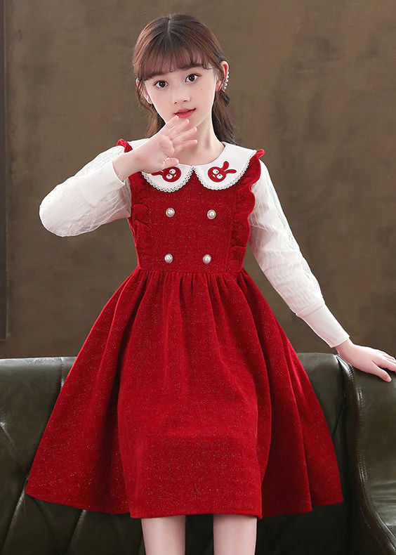 Boutique Red Ruffled Patchwork Warm Fleece Baby Girls Dresses Fall - Image 4