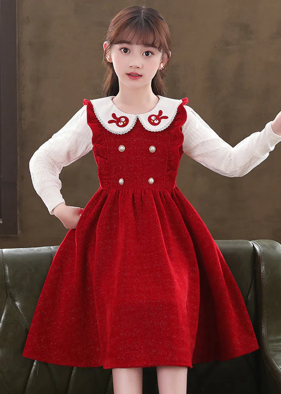 Boutique Red Ruffled Patchwork Warm Fleece Baby Girls Dresses Fall - Image 5