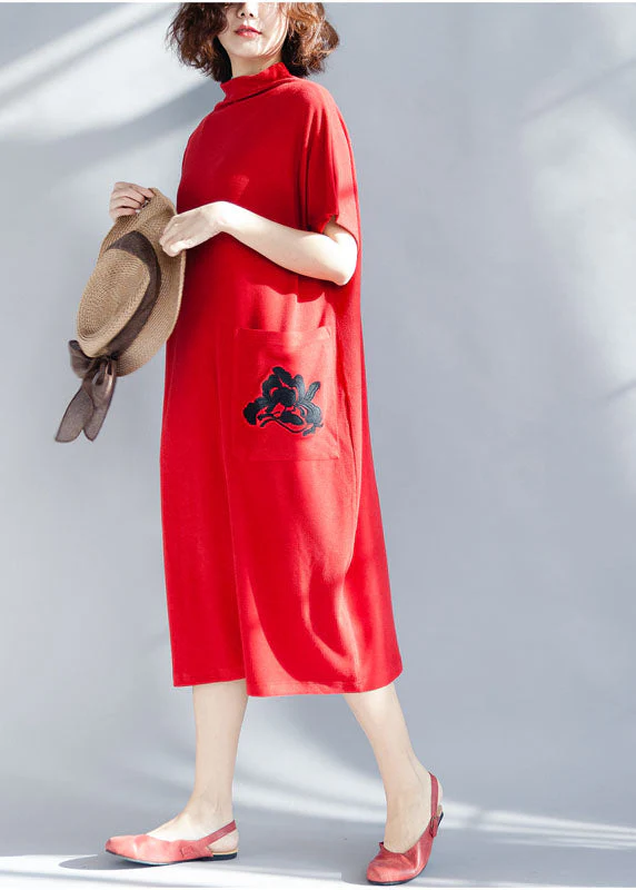 Boutique Red Solid Turtle Neck Cotton Party Dress Short Sleeve - Image 2