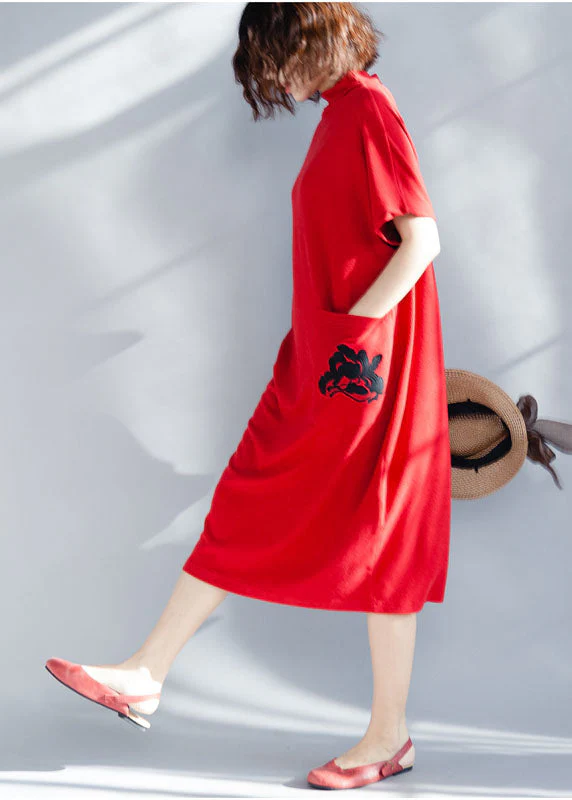 Boutique Red Solid Turtle Neck Cotton Party Dress Short Sleeve - Image 3