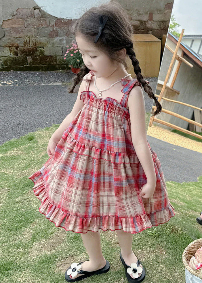 Boutique Red Square Collar Plaid Patchwork Kids Mid Dress Summer - Image 2