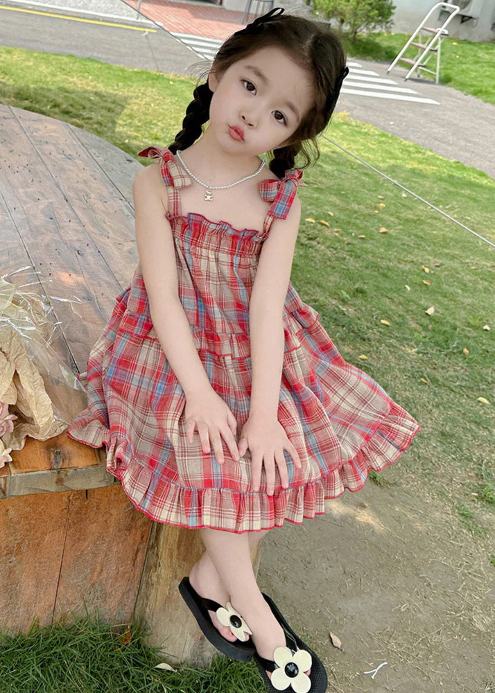 Boutique Red Square Collar Plaid Patchwork Kids Mid Dress Summer - Image 3