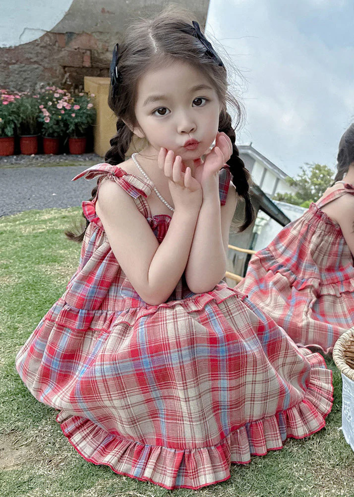 Boutique Red Square Collar Plaid Patchwork Kids Mid Dress Summer - Image 4