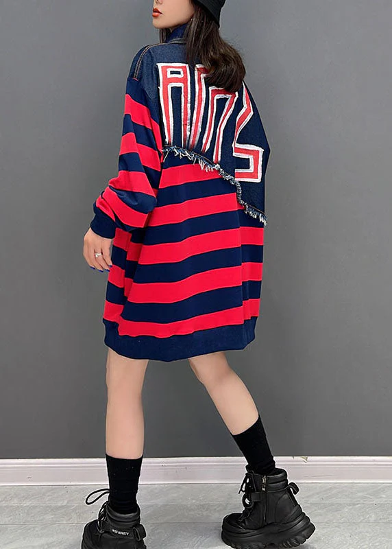 Boutique Red Striped Patchwork Denim Cotton Sweatshirts Dress Fall - Image 4