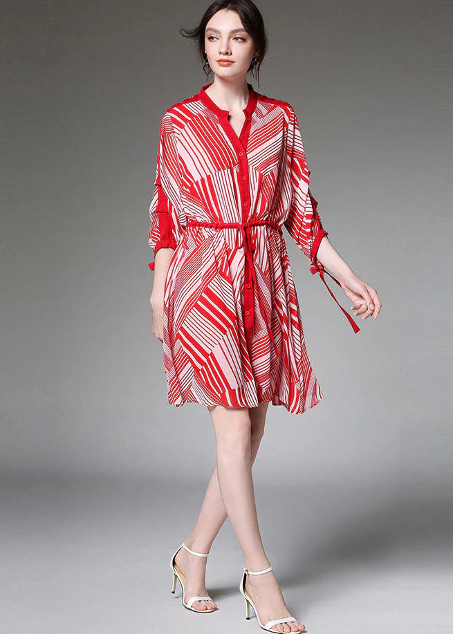 Boutique Red Tie waist Cinched Print Fall Chiffon Half Sleeve Vacation Dresses - Image 3