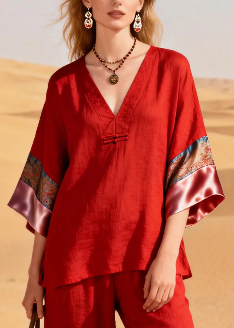 Boutique Red V Neck Patchwork Cotton Oriental Two Pieces Set Half Sleeve - Image 2