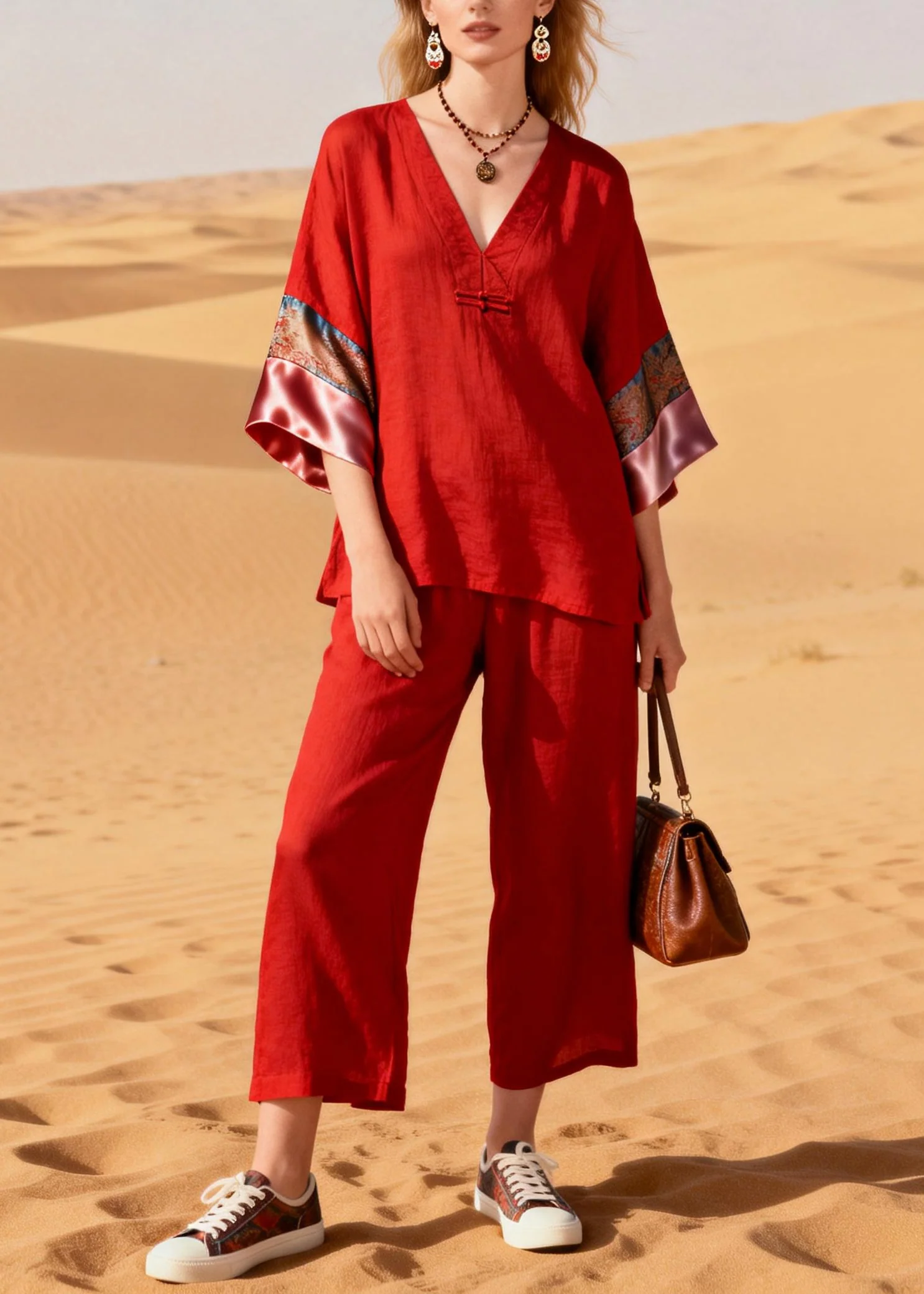 Boutique Red V Neck Patchwork Cotton Oriental Two Pieces Set Half Sleeve - Image 3