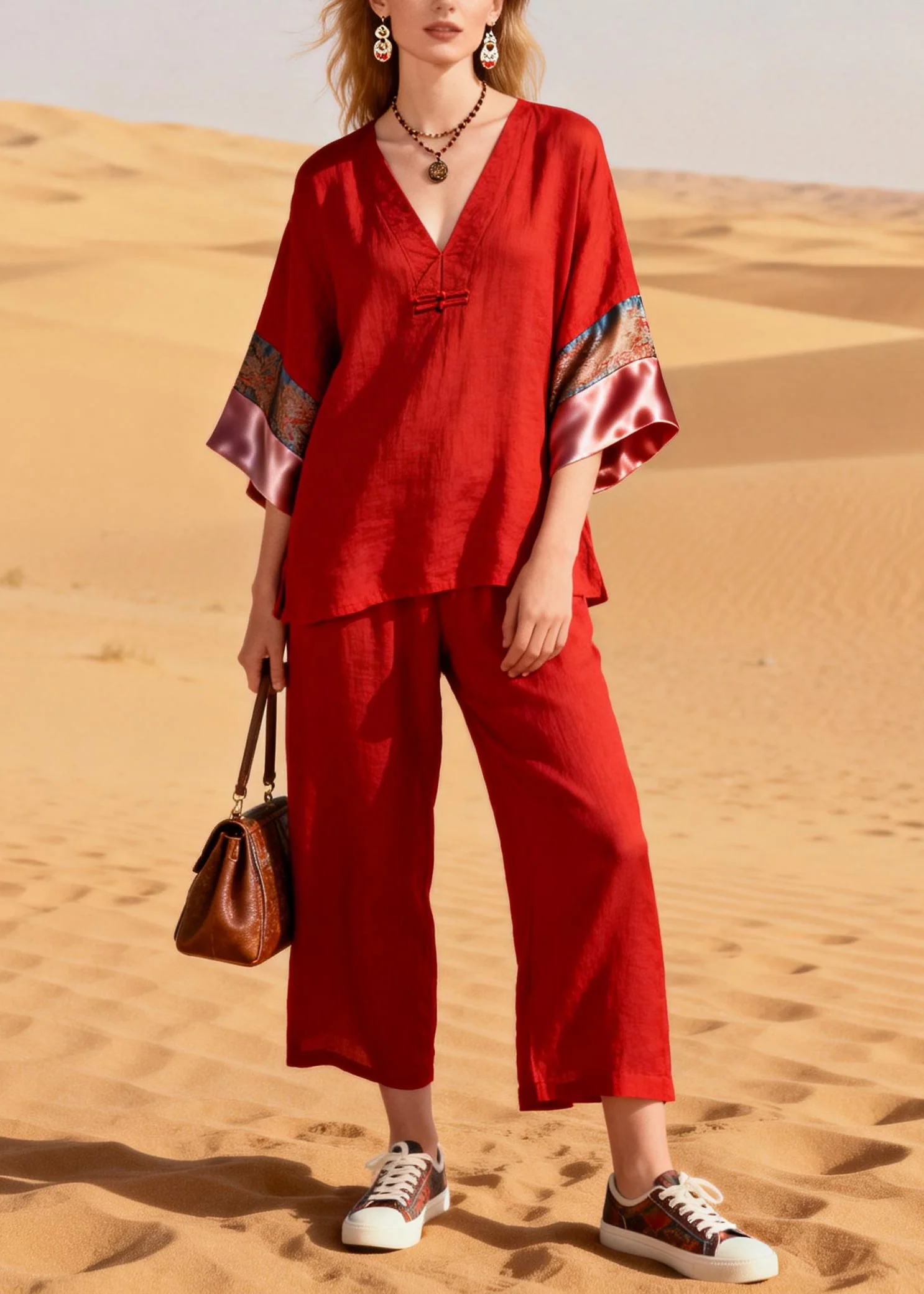 Boutique Red V Neck Patchwork Cotton Oriental Two Pieces Set Half Sleeve - Image 5