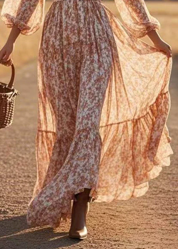 Boutique Red V Neck Print Chiffon Long Dress Lantern Sleeve - Image 4