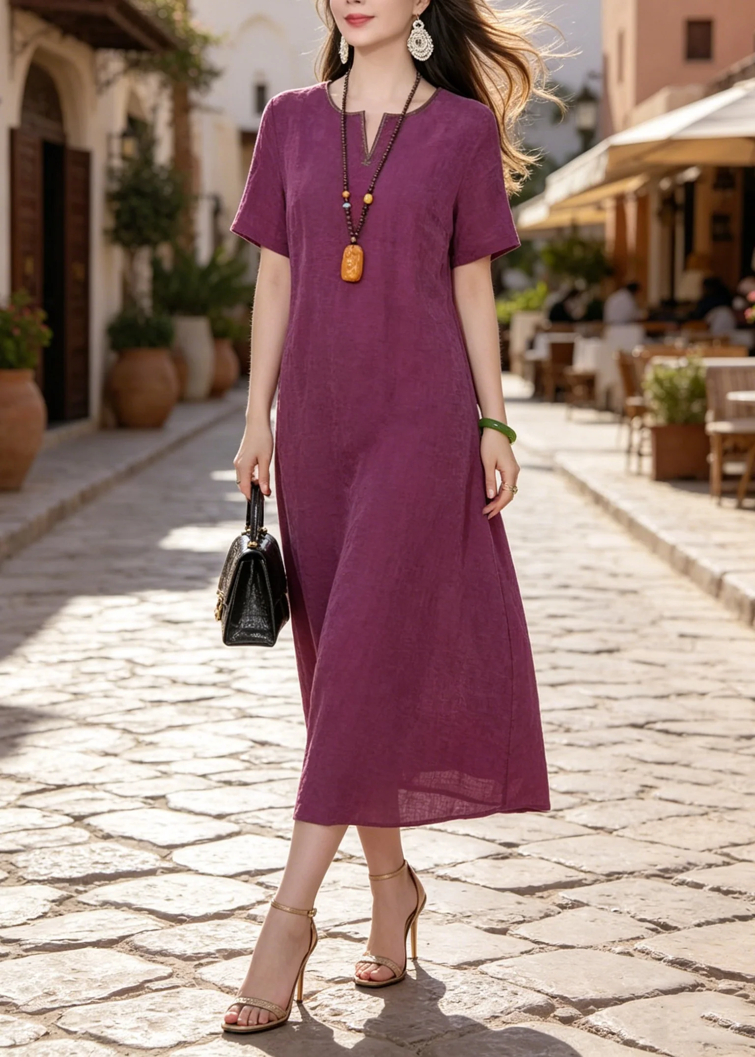 Boutique Rose O Neck Patchwork Silk Long Dress Summer