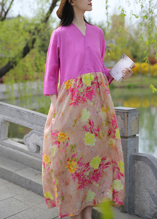 Boutique Rose Print Pockets Patchwork Cotton Long Dresses Summer - Image 2