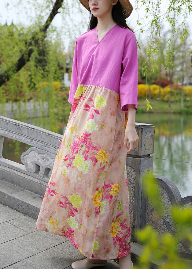 Boutique Rose Print Pockets Patchwork Cotton Long Dresses Summer - Image 3