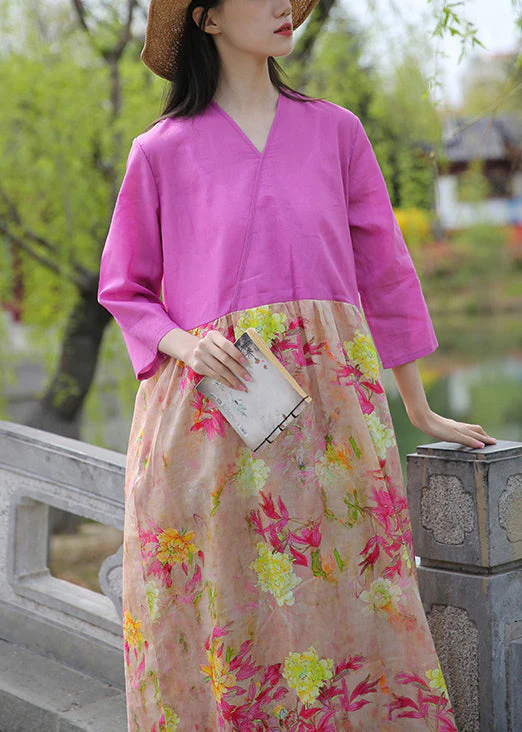Boutique Rose Print Pockets Patchwork Cotton Long Dresses Summer - Image 4