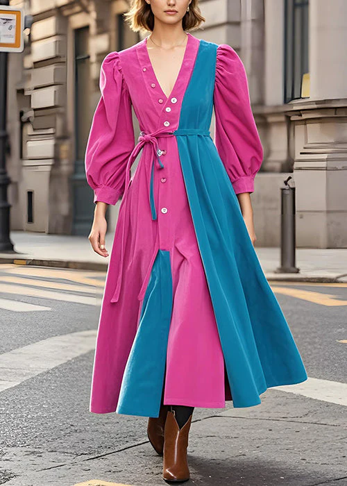 Boutique Rose V Neck Tie Waist Patchwork Corduroy Dress Fall - Image 2
