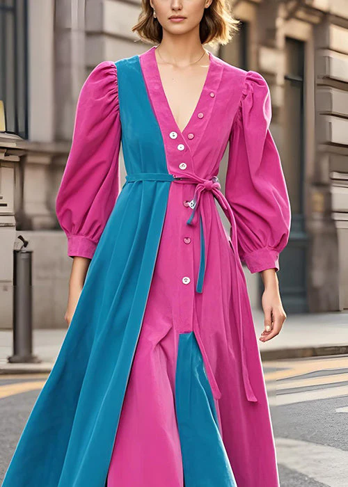 Boutique Rose V Neck Tie Waist Patchwork Corduroy Dress Fall - Image 3
