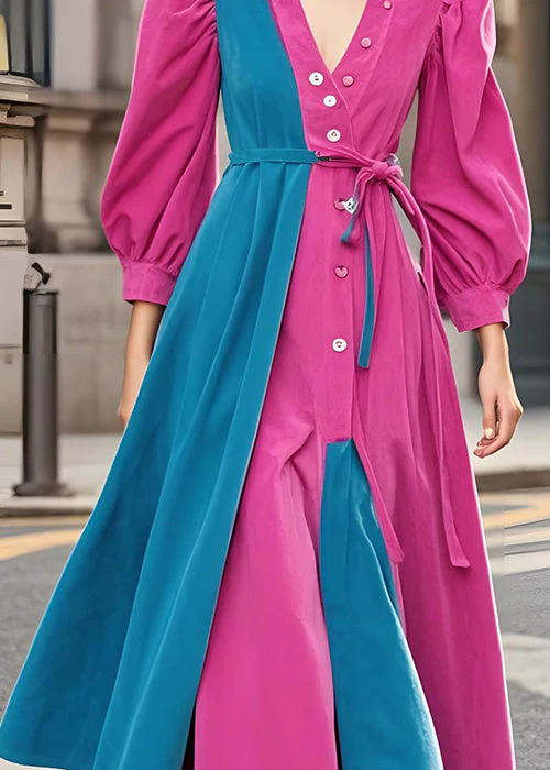 Boutique Rose V Neck Tie Waist Patchwork Corduroy Dress Fall - Image 4