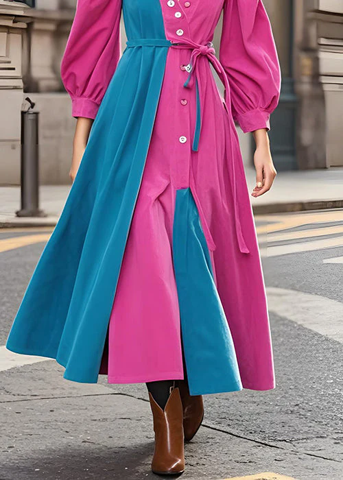 Boutique Rose V Neck Tie Waist Patchwork Corduroy Dress Fall - Image 5