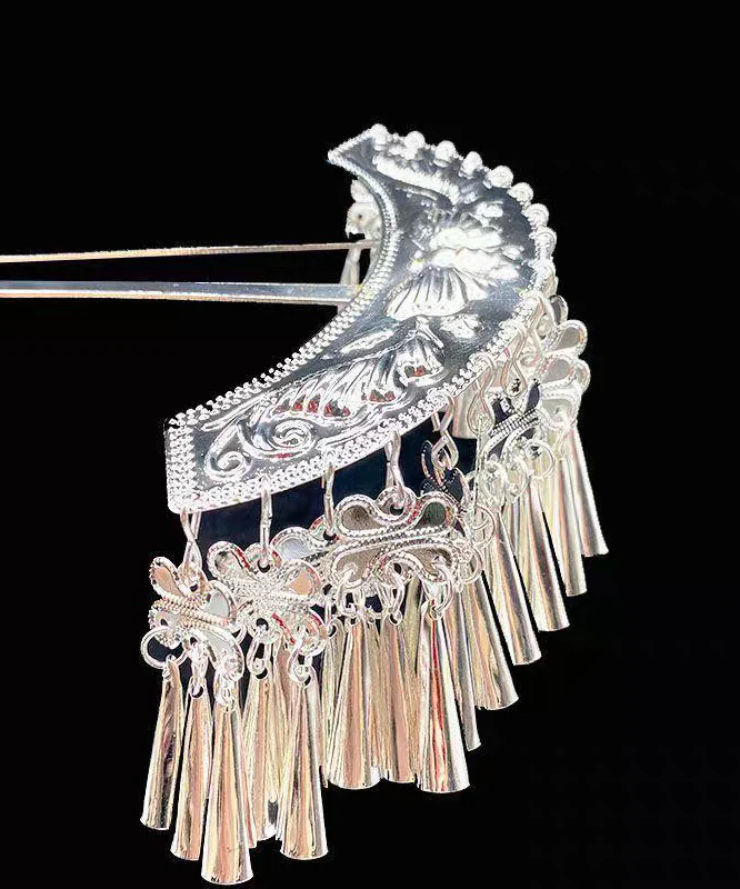 Boutique Silk Alloy Crescent Moon U-Shaped Tassel Hairpin - Image 5