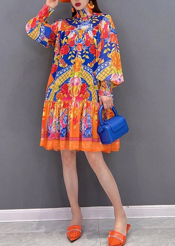 Boutique Stand Collar Print Sashes Wrinkled Chiffon Dress Lantern Sleeve - Image 2
