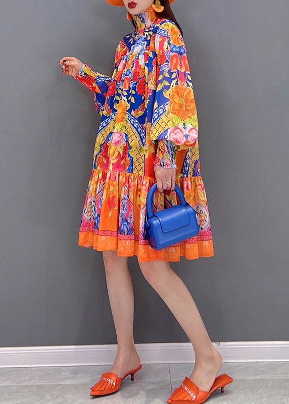 Boutique Stand Collar Print Sashes Wrinkled Chiffon Dress Lantern Sleeve - Image 3