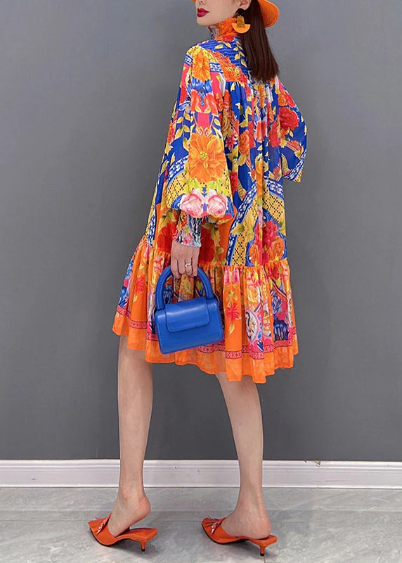 Boutique Stand Collar Print Sashes Wrinkled Chiffon Dress Lantern Sleeve - Image 4