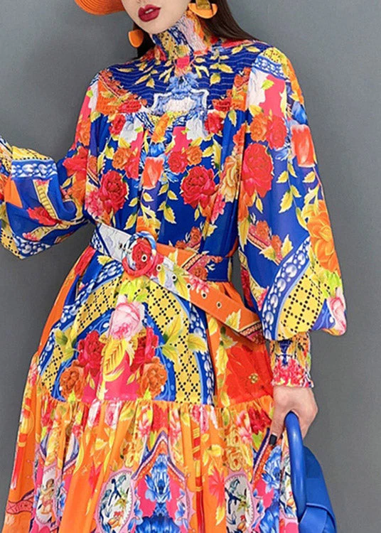 Boutique Stand Collar Print Sashes Wrinkled Chiffon Dress Lantern Sleeve - Image 5