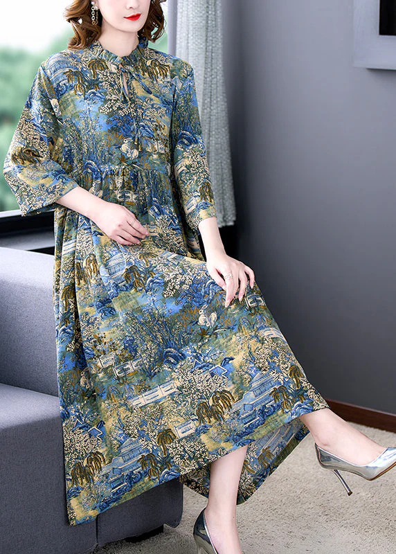 Boutique Stand Collar Wrinkled Print Chiffon Party Dress Summer - Image 2