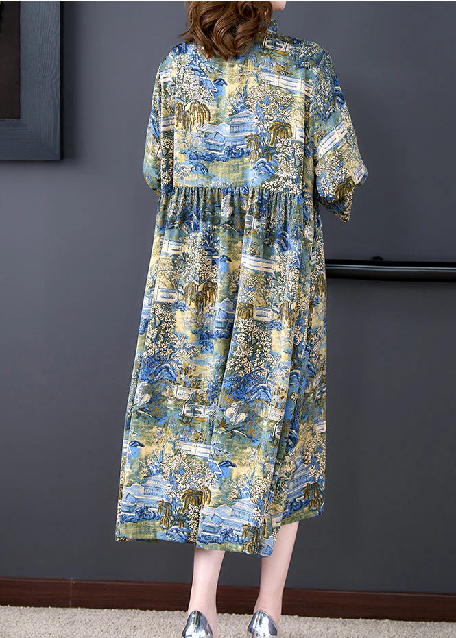 Boutique Stand Collar Wrinkled Print Chiffon Party Dress Summer - Image 4