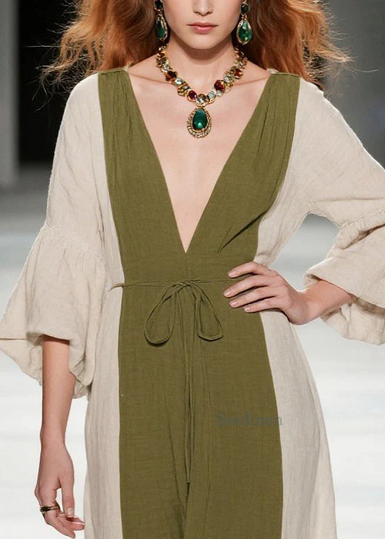 Boutique Tea Green V Neck Patchwork Cotton Long Dresses Summer - Image 2
