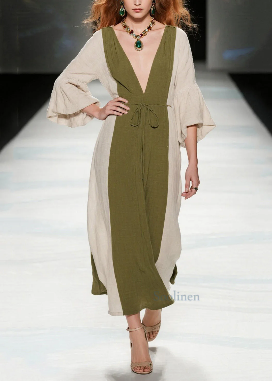 Boutique Tea Green V Neck Patchwork Cotton Long Dresses Summer - Image 3