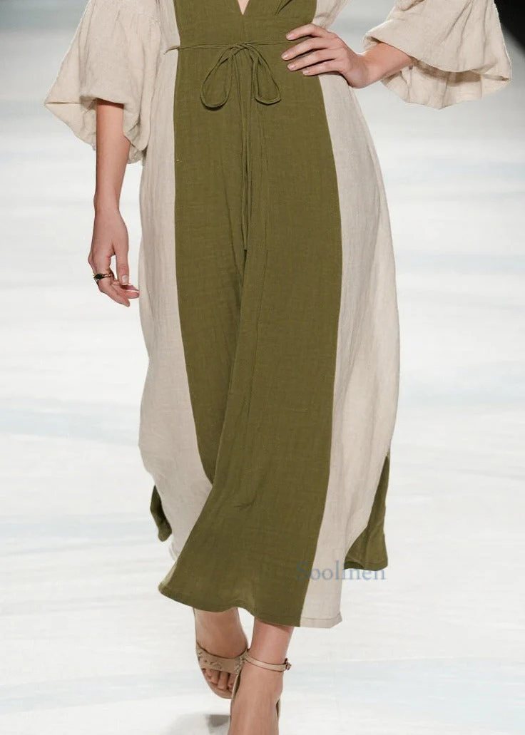 Boutique Tea Green V Neck Patchwork Cotton Long Dresses Summer - Image 4