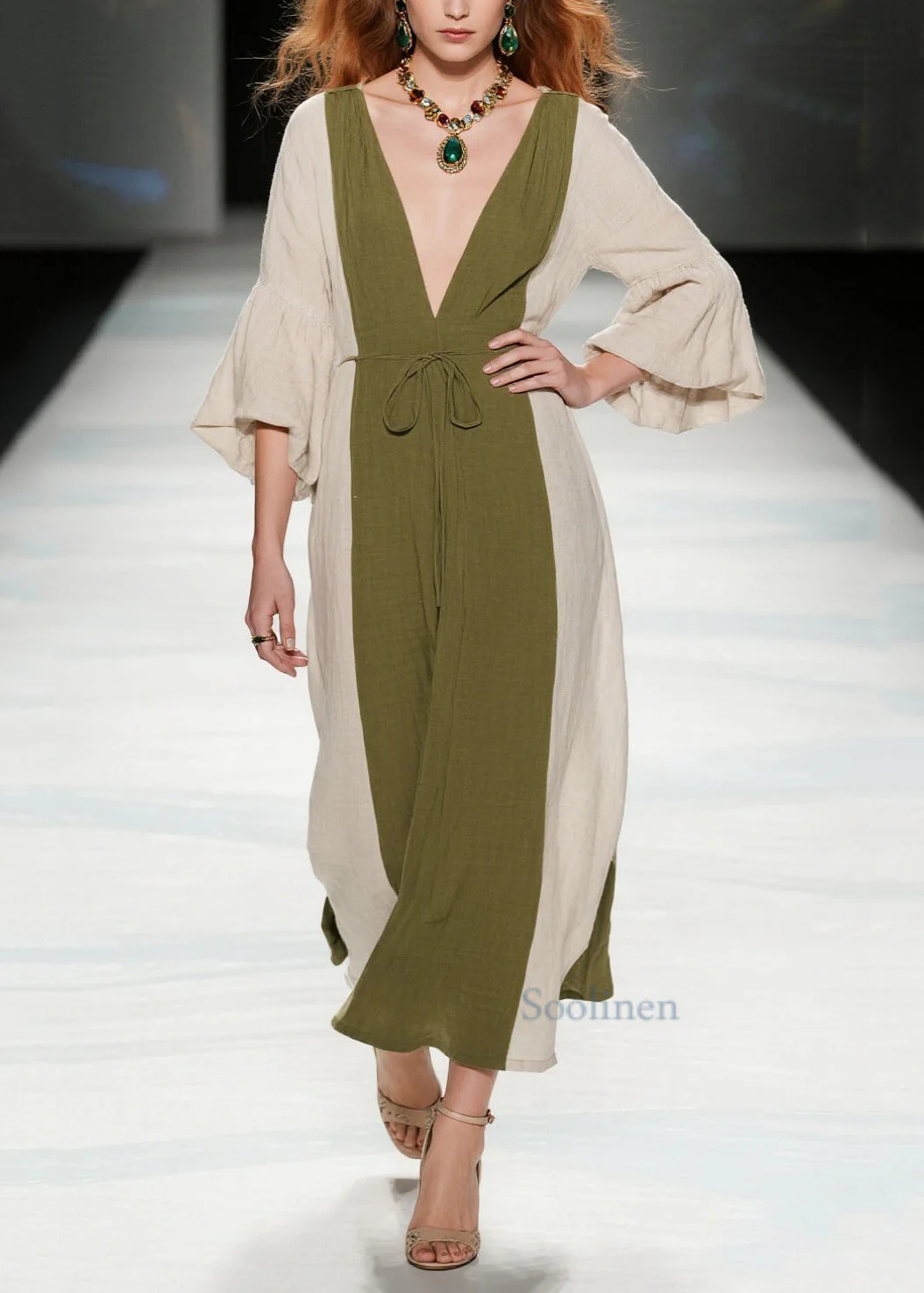 Boutique Tea Green V Neck Patchwork Cotton Long Dresses Summer - Image 5