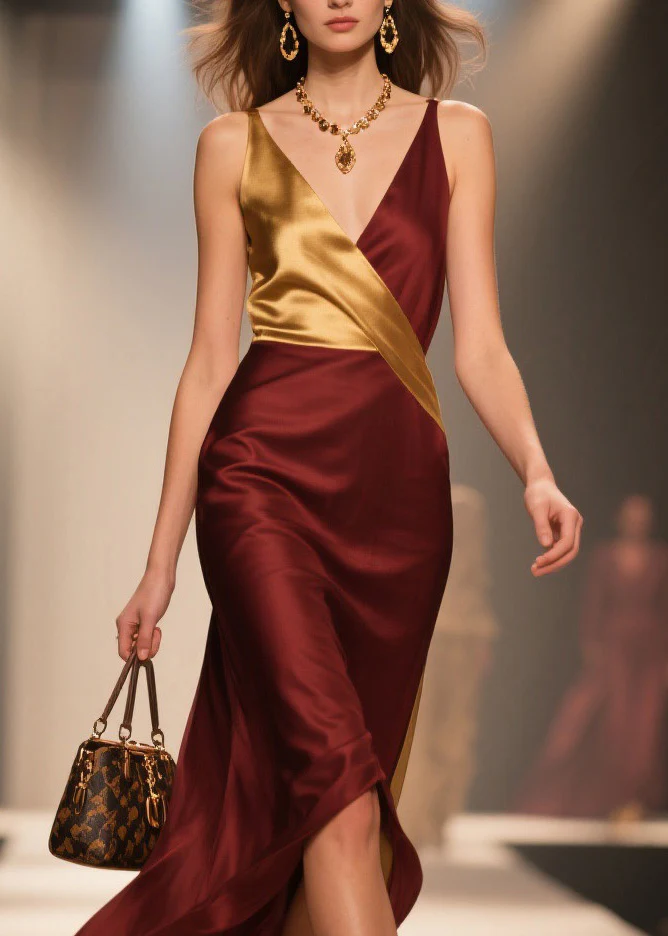 Boutique V Neck Patchwork Silk Spaghetti Strap Dress Summer - Image 2