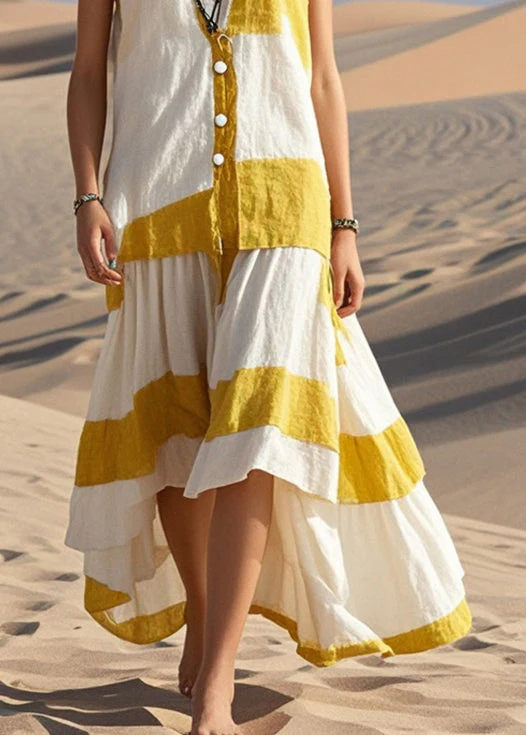 Boutique White Asymmetrical Patchwork Cotton Long Dresses Sleeveless - Image 4